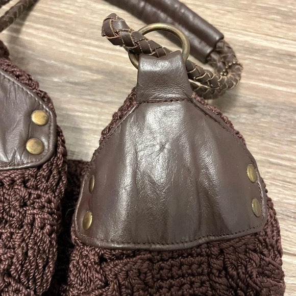 The Sak  Brown Crochet Knit Purse Satchel Half Moon Bag Medium Size - Picture 6 of 9